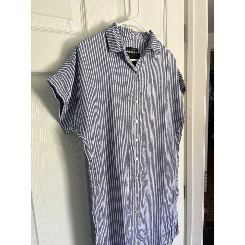 TAHARI 100% Linen Blue White Stripe‎ Collared Short Sleeve Midi Shirt Dress XS - Picture 3 of 6